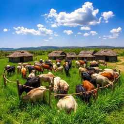 A picturesque scene of a traditional kraal filled with cows, showcasing a rustic African village setting