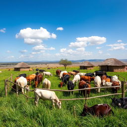 A picturesque scene of a traditional kraal filled with cows, showcasing a rustic African village setting