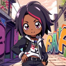 A dynamic black anime character with vibrant straight curly hair, styled in an eye-catching way