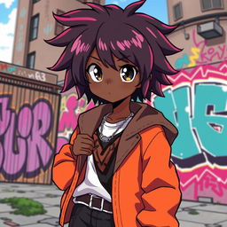 A dynamic black anime character with vibrant straight curly hair, styled in an eye-catching way