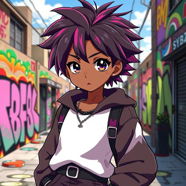 A dynamic black anime character with vibrant straight curly hair, styled in an eye-catching way