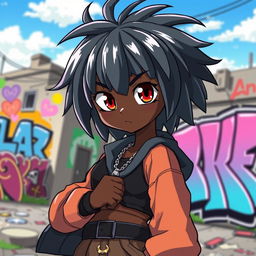 A dynamic black anime character with vibrant straight curly hair, styled in an eye-catching way