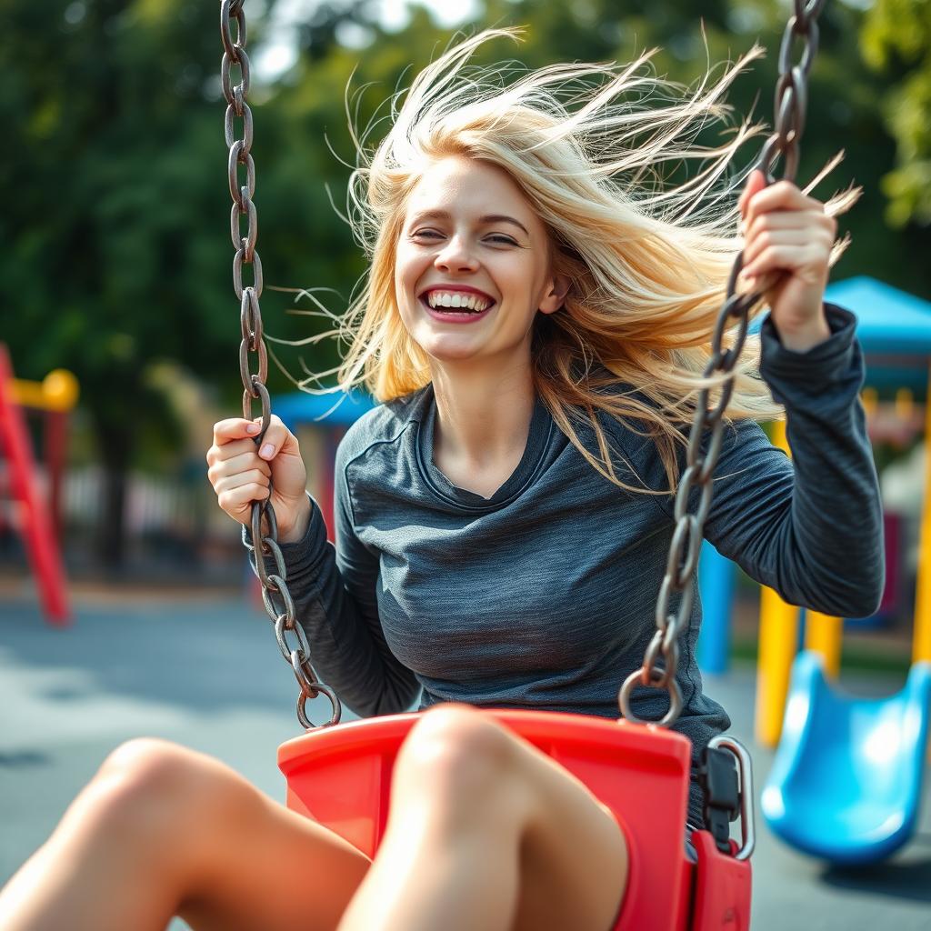 A high-quality photograph of a sporty woman with flowing blonde hair, joyfully swinging on a swing