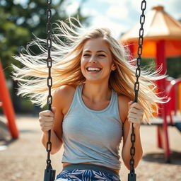 A high-quality photograph of a sporty woman with flowing blonde hair, joyfully swinging on a swing