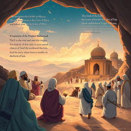 An inspiring and respectful illustration of key moments in the life of Prophet Muhammad, highlighting his early life in Mecca, the first revelation in the cave of Hira, the spread of Islam, and his teachings about peace and compassion