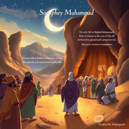 An inspiring and respectful illustration of key moments in the life of Prophet Muhammad, highlighting his early life in Mecca, the first revelation in the cave of Hira, the spread of Islam, and his teachings about peace and compassion