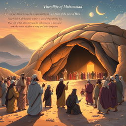 An inspiring and respectful illustration of key moments in the life of Prophet Muhammad, highlighting his early life in Mecca, the first revelation in the cave of Hira, the spread of Islam, and his teachings about peace and compassion