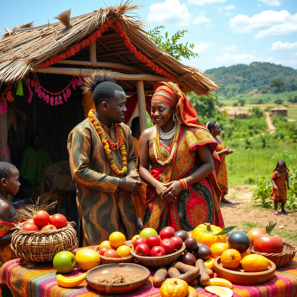 A vibrant African village scene showcasing a black couple involved in a traditional dowry ceremony