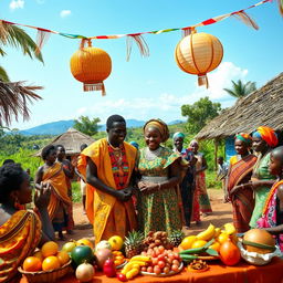 A vibrant African village scene showcasing a black couple involved in a traditional dowry ceremony