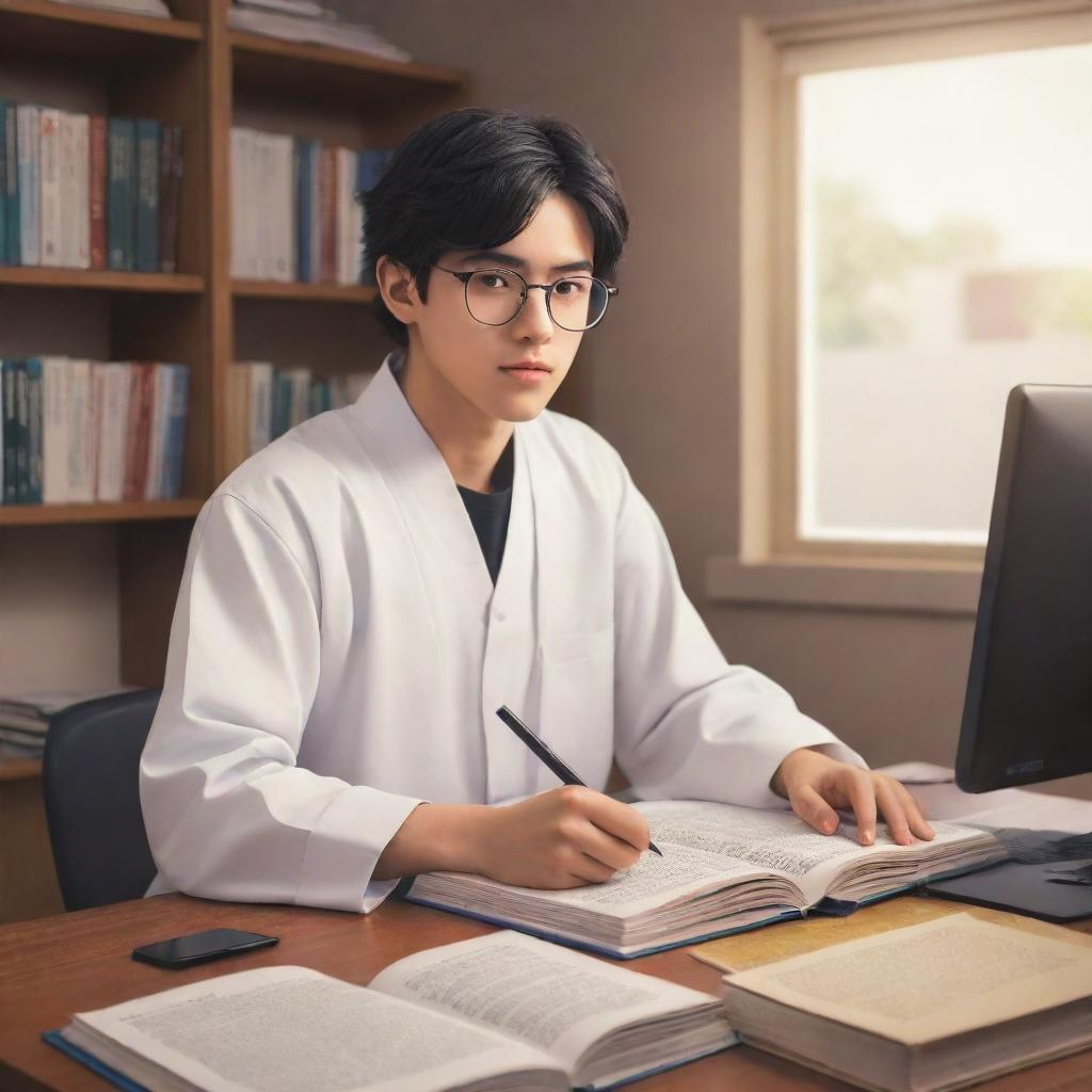 An anime interpretation of a studious high school student, dressed in a thobe and glasses, studying within the comfort of his own room, surrounded by textbooks and a laptop.