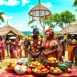 A vibrant African village scene showcasing a black couple involved in a traditional dowry ceremony