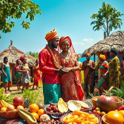 A vibrant African village scene showcasing a black couple involved in a traditional dowry ceremony