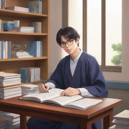 An anime interpretation of a studious high school student, dressed in a thobe and glasses, studying within the comfort of his own room, surrounded by textbooks and a laptop.