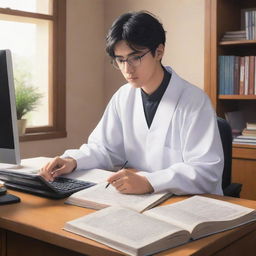 An anime interpretation of a studious high school student, dressed in a thobe and glasses, studying within the comfort of his own room, surrounded by textbooks and a laptop.