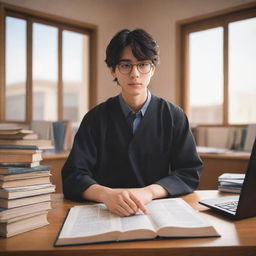 An anime interpretation of a studious high school student, dressed in a thobe and glasses, studying within the comfort of his own room, surrounded by textbooks and a laptop.