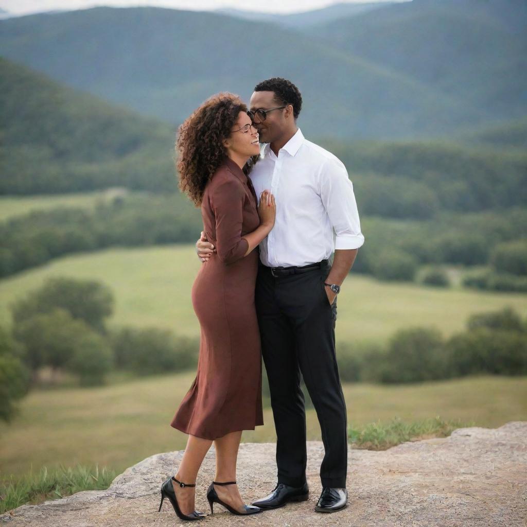 A couple embracing: the woman has brown skin, is in a fitted dress with curly hair, and the man is in a white dress shirt, black pants, dress shoes, and glasses. They are embraced in a scenic landscape.