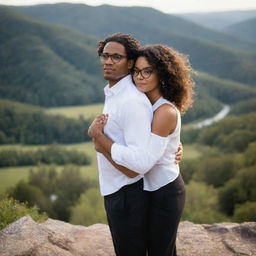 A couple embracing: the woman has brown skin, is in a fitted dress with curly hair, and the man is in a white dress shirt, black pants, dress shoes, and glasses. They are embraced in a scenic landscape.