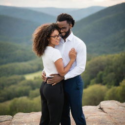 A couple embracing: the woman has brown skin, is in a fitted dress with curly hair, and the man is in a white dress shirt, black pants, dress shoes, and glasses. They are embraced in a scenic landscape.