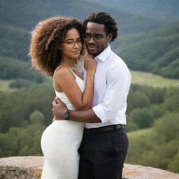 A couple embracing: the woman has brown skin, is in a fitted dress with curly hair, and the man is in a white dress shirt, black pants, dress shoes, and glasses. They are embraced in a scenic landscape.