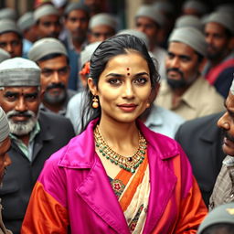 An Indian woman with fair skin, wearing a traditional bindi on her forehead and a decorative necklace