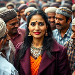 An Indian woman with fair skin, wearing a traditional bindi on her forehead and a decorative necklace