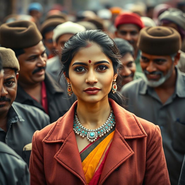 An Indian woman with fair skin, wearing a traditional bindi on her forehead and a decorative necklace