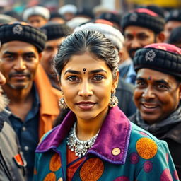 An Indian woman with fair skin, wearing a traditional bindi on her forehead and a decorative necklace