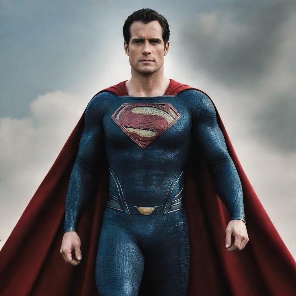 An action-packed image of Henry Cavill donning his Superman suit, with the iconic 'S' on his chest and billowing red cape.