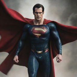 An action-packed image of Henry Cavill donning his Superman suit, with the iconic 'S' on his chest and billowing red cape.