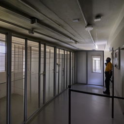 A unique penitentiary information office situated in a penthouse, complete with high security measures, panoramic view of the prison facility and staffed by highly trained personnel.