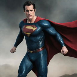 An action-packed image of Henry Cavill donning his Superman suit, with the iconic 'S' on his chest and billowing red cape.