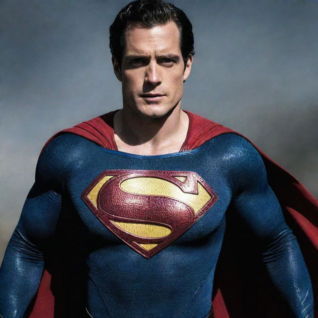 An action-packed image of Henry Cavill donning his Superman suit, with the iconic 'S' on his chest and billowing red cape.