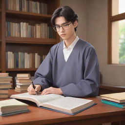 An anime-style depiction of a diligent high school student dressed in a thobe and glasses, deeply immersed in his studies in the tranquility of his room laden with books and study materials.