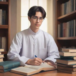 An anime-style depiction of a diligent high school student dressed in a thobe and glasses, deeply immersed in his studies in the tranquility of his room laden with books and study materials.