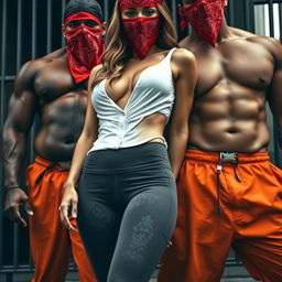 An extreme close-up on the chests of three characters: two large muscular African American gang members dressed in baggy orange pants and red bandana masks, alongside a White female clad in dark grey yoga pants, showcasing her curvy figure as she bends over teasingly, wearing a white shirt