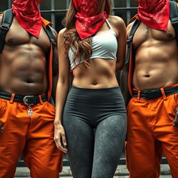 An extreme close-up on the chests of three characters: two large muscular African American gang members dressed in baggy orange pants and red bandana masks, alongside a White female clad in dark grey yoga pants, showcasing her curvy figure as she bends over teasingly, wearing a white shirt