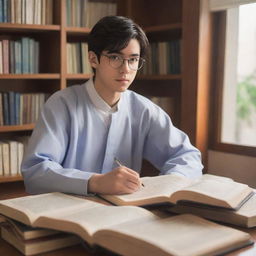 An anime-style depiction of a diligent high school student dressed in a thobe and glasses, deeply immersed in his studies in the tranquility of his room laden with books and study materials.