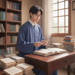 An anime-style depiction of a diligent high school student dressed in a thobe and glasses, deeply immersed in his studies in the tranquility of his room laden with books and study materials.