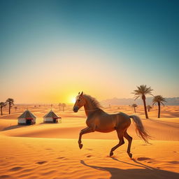 A stunning Arabian landscape featuring golden sand dunes under a bright blue sky, traditional Bedouin tents scattered across the scene, surrounded by palm trees