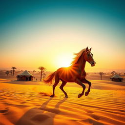 A stunning Arabian landscape featuring golden sand dunes under a bright blue sky, traditional Bedouin tents scattered across the scene, surrounded by palm trees