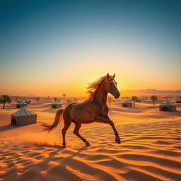 A stunning Arabian landscape featuring golden sand dunes under a bright blue sky, traditional Bedouin tents scattered across the scene, surrounded by palm trees