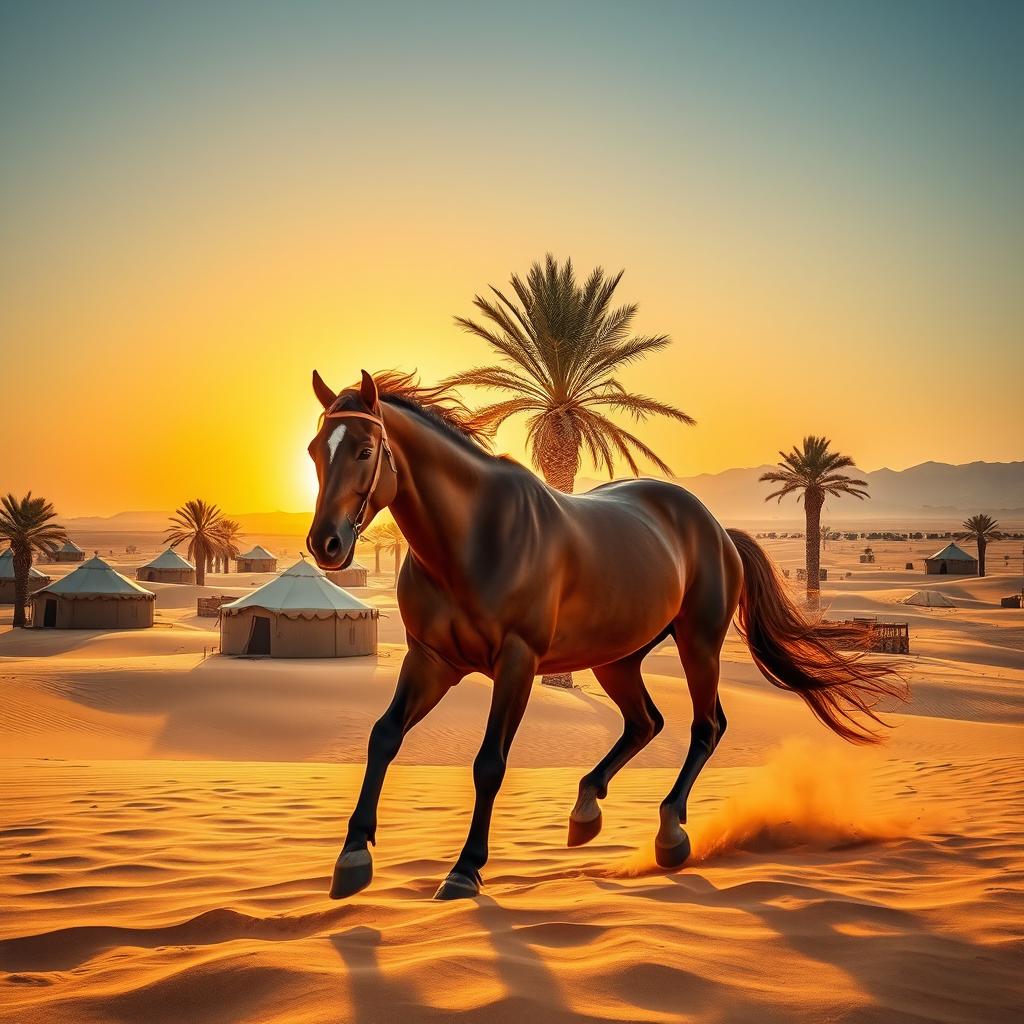 A stunning Arabian landscape featuring golden sand dunes under a bright blue sky, traditional Bedouin tents scattered across the scene, surrounded by palm trees