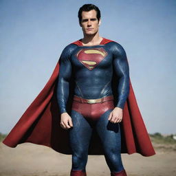 An image of Henry Cavill styled as the New 52 version of Superman, featuring the red belt and collarless suit