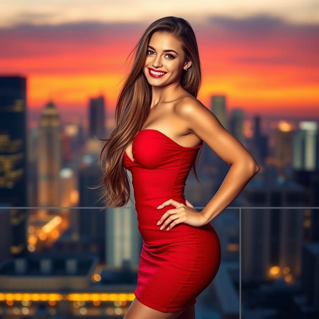 A sexy young woman with long flowing hair, wearing a stylish and form-fitting red dress that accentuates her curves