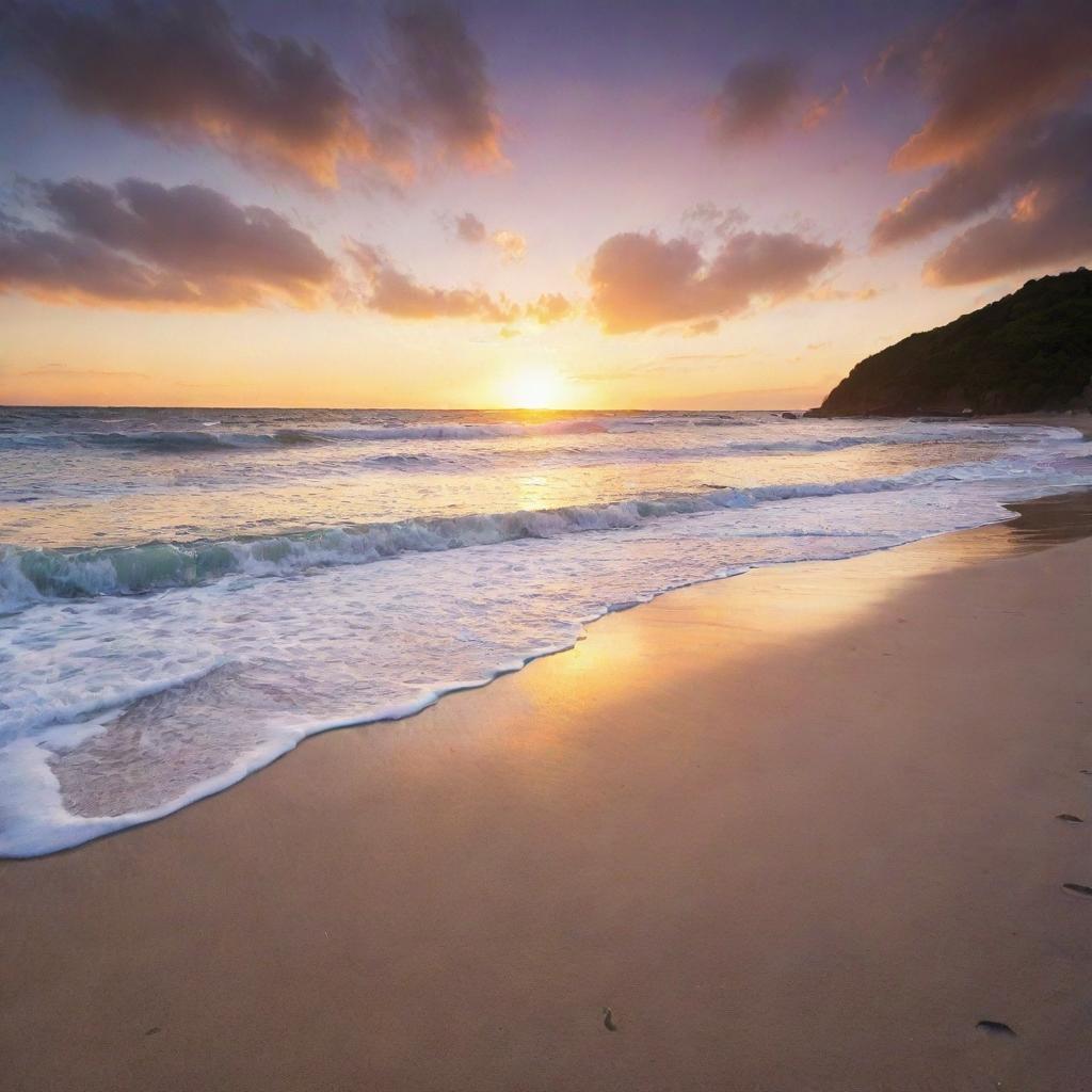 A high-resolution scenic photo capturing a beautiful sunset over an open beach.