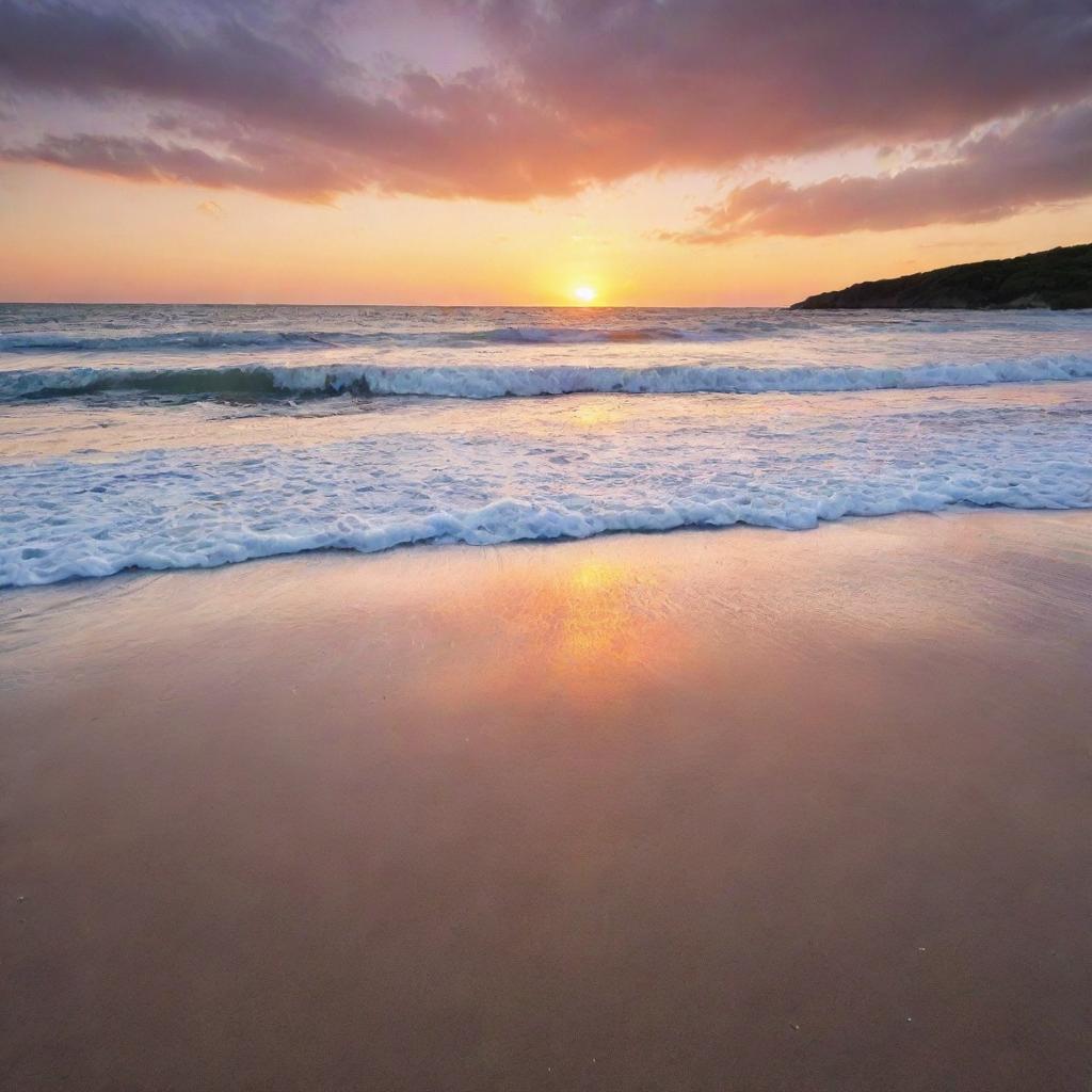 A high-resolution scenic photo capturing a beautiful sunset over an open beach.