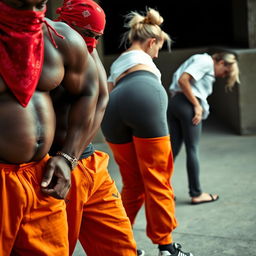 An extreme close-up of a scene featuring two large muscular African American gang members prominently displayed in the foreground