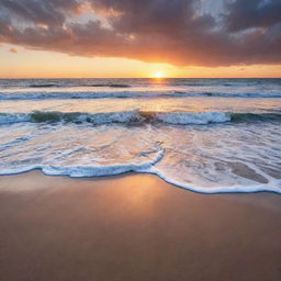 A high-resolution scenic photo capturing a beautiful sunset over an open beach.