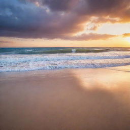 A high-resolution scenic photo capturing a beautiful sunset over an open beach.