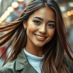 A stunning portrait of a glamorous young woman with long flowing hair, wearing stylish, fashionable clothing